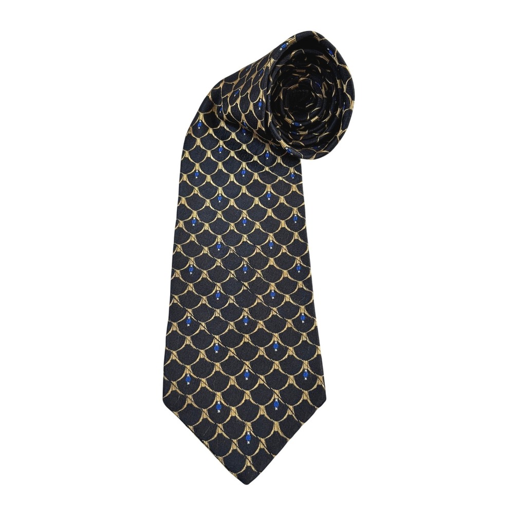 Stafford Executive‎ Mens Black Gold Blue Geometric Pattern Silk Necktie